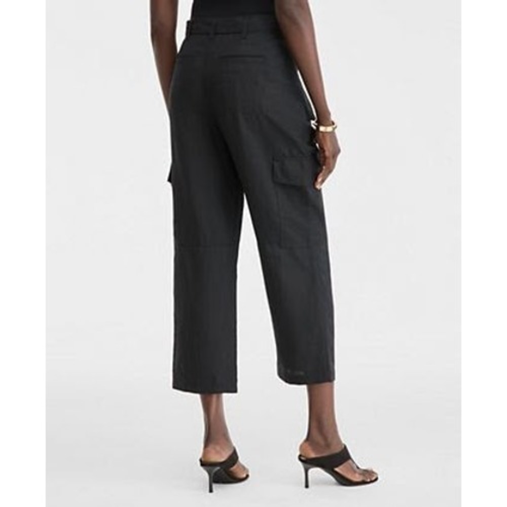 Eileen Fisher Black Linen Cargo Pants Wide Leg Cropped Utility Trousers Size 12